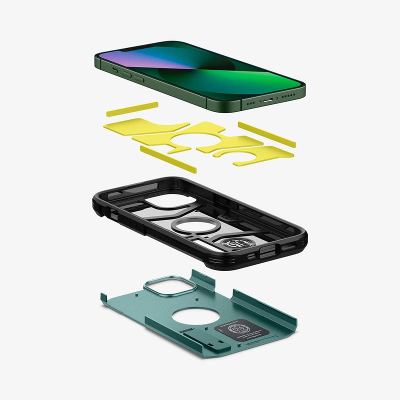 ACS04566 - iPhone 13 Case Tough Armor in midnight green showing the hard pc, flexible tpu, impact foam, and device