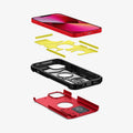 ACS03540 - iPhone 13 Case Tough Armor in red showing the hard pc, flexible tpu, impact foam, and device