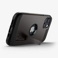 ACS03330 - iPhone 13 Mini Case Tough Armor in gunmetal showing the bottom and back with kickstand out