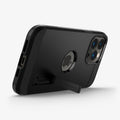 ACS03277 - iPhone 13 Pro Case Tough Armor in black showing the bottom and back with kickstand out