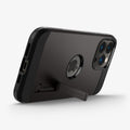 ACS03276 - iPhone 13 Pro Case Tough Armor in gunmetal showing the bottom and back with kickstand out