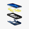 ACS03279 - iPhone 13 Pro Case Tough Armor in navy blue showing the hard PC layer, flexible TPU layer, impact foam and device