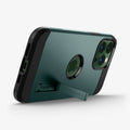 ACS04564 - iPhone 13 Pro Max Case Tough Armor in midnight green showing the back and bottom with device propped up horizontally by built in kickstand