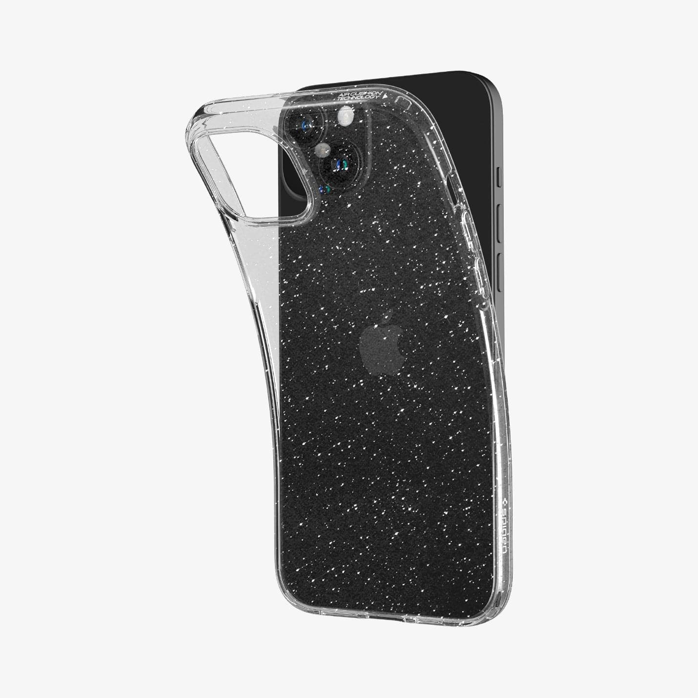 ACS06788 - iPhone 15 Case Liquid Crystal Glitter in crystal quartz showing the back with case bending away from device to show the flexibility