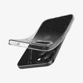 ACS06788 - iPhone 15 Case Liquid Crystal Glitter in crystal quartz showing the back with case bending away from device to show the flexibility