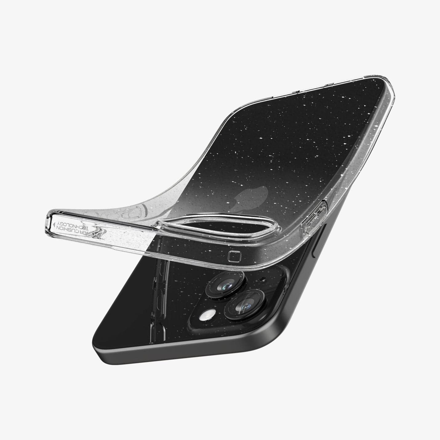 ACS06788 - iPhone 15 Case Liquid Crystal Glitter in crystal quartz showing the back with case bending away from device to show the flexibility