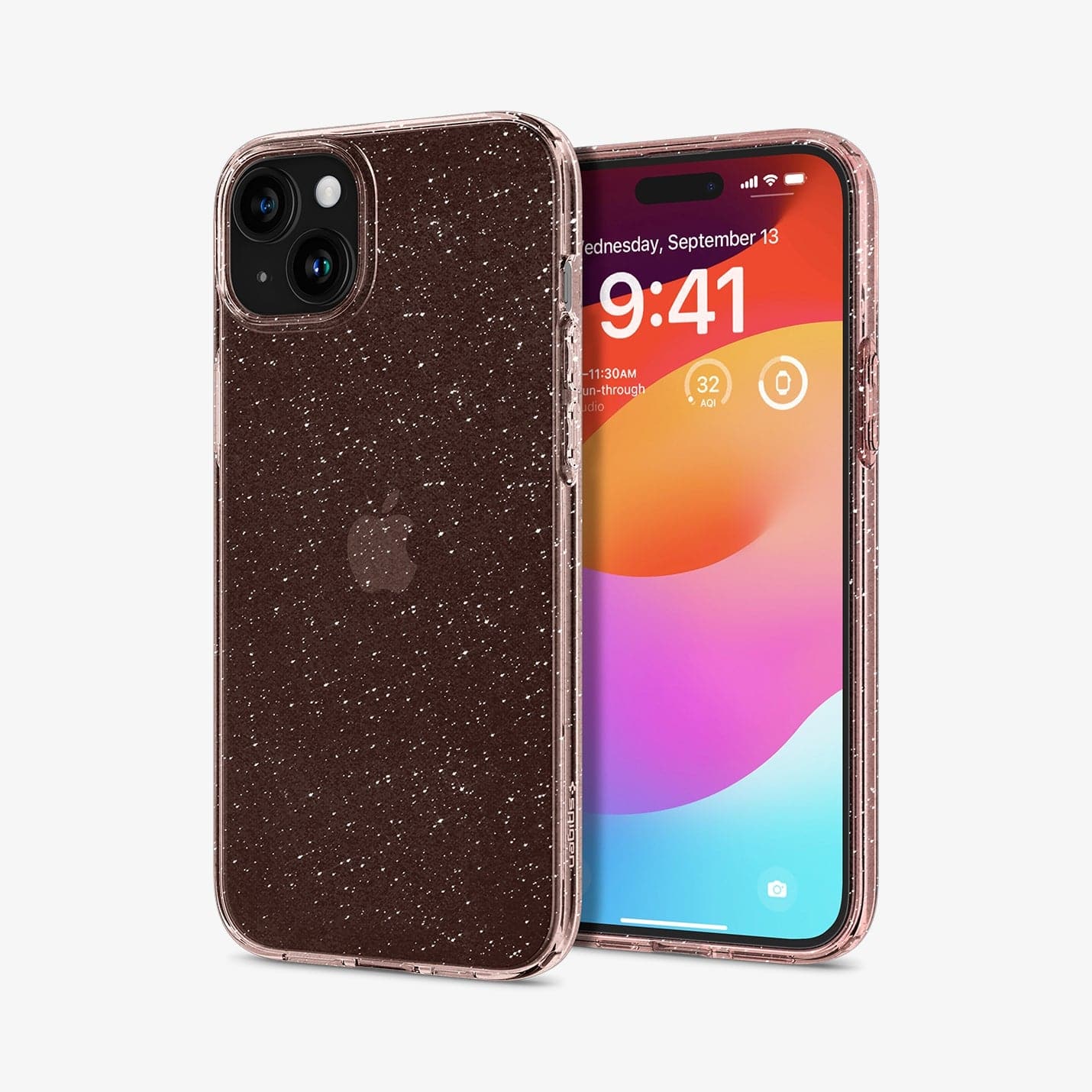 ACS06789 - iPhone 15 Case Liquid Crystal Glitter in rose quartz showing the back and front