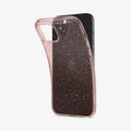 ACS06789 - iPhone 15 Case Liquid Crystal Glitter in rose quartz showing the back with case bending away from device to show the flexibility