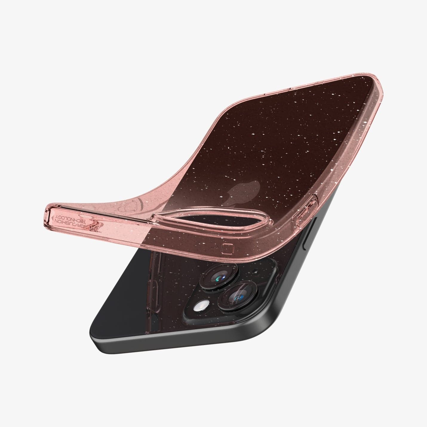ACS06789 - iPhone 15 Case Liquid Crystal Glitter in rose quartz showing the back with case bending away from device to show the flexibility