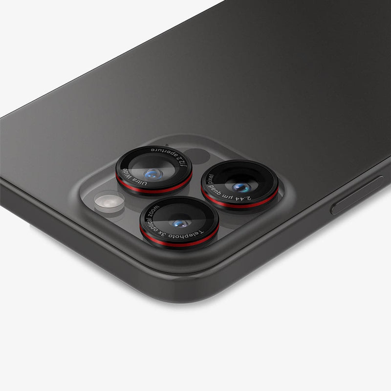 AGL05217 - iPhone 16 Pro / 16 Pro Max Optik Pro Lens Protector L-series showing the back, top and side zoomed in on camera lens