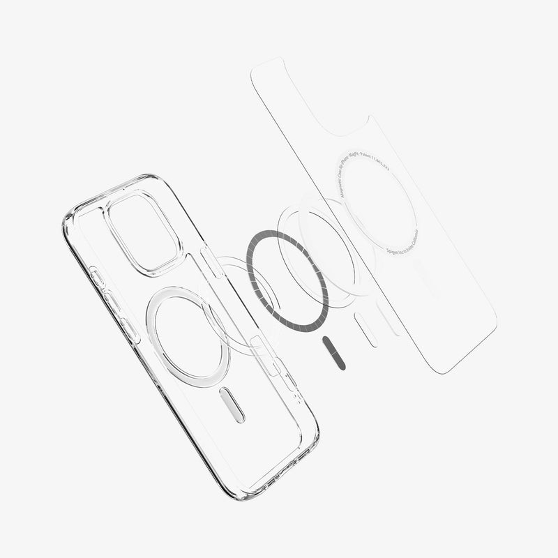 ACS07998 - iPhone 16 Pro Max Case Ultra Hybrid (MagFit) in White showing the front of soft inner layer hovering above the magsafe magnet plate and the case 