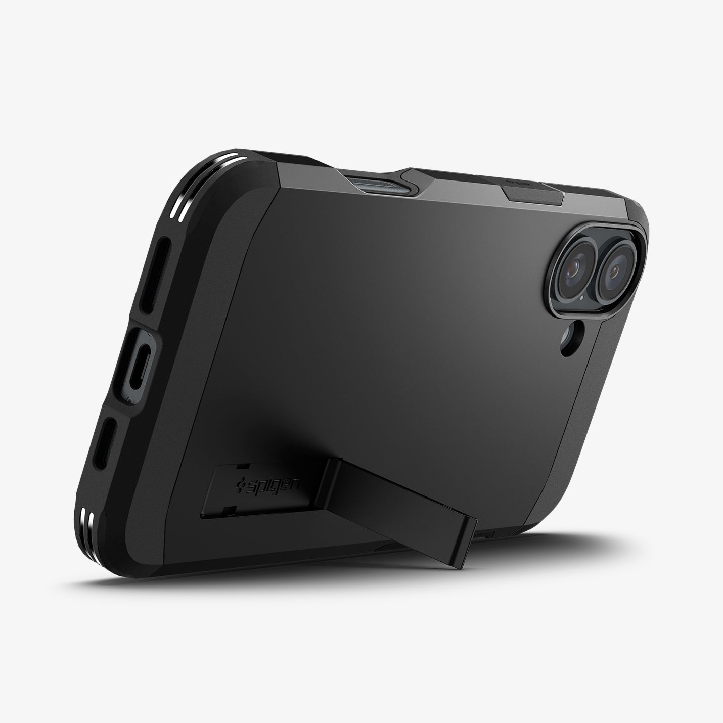 ACS08216 - iPhone 16 Case Tough Armor AI (MagFit) in Black showing the back, partial side and bottom with built-in kickstand propped up