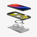 ACS08515 - iPhone 16 Case Tough Armor AI (MagFit) in Frost Black showing the front of the device hovering above the back case, detached from magnet ring plate and the back layer of the case