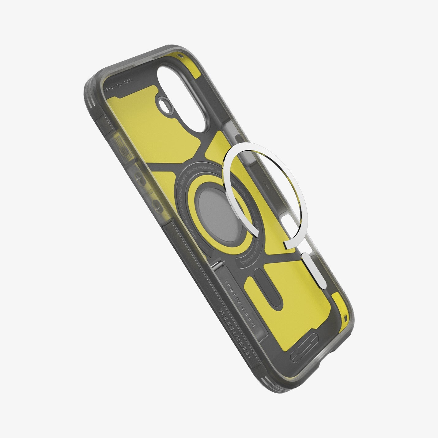 ACS08515 - iPhone 16 Case Tough Armor AI (MagFit) in Frost Black showing the metal ring plate hovering, detached from the case 