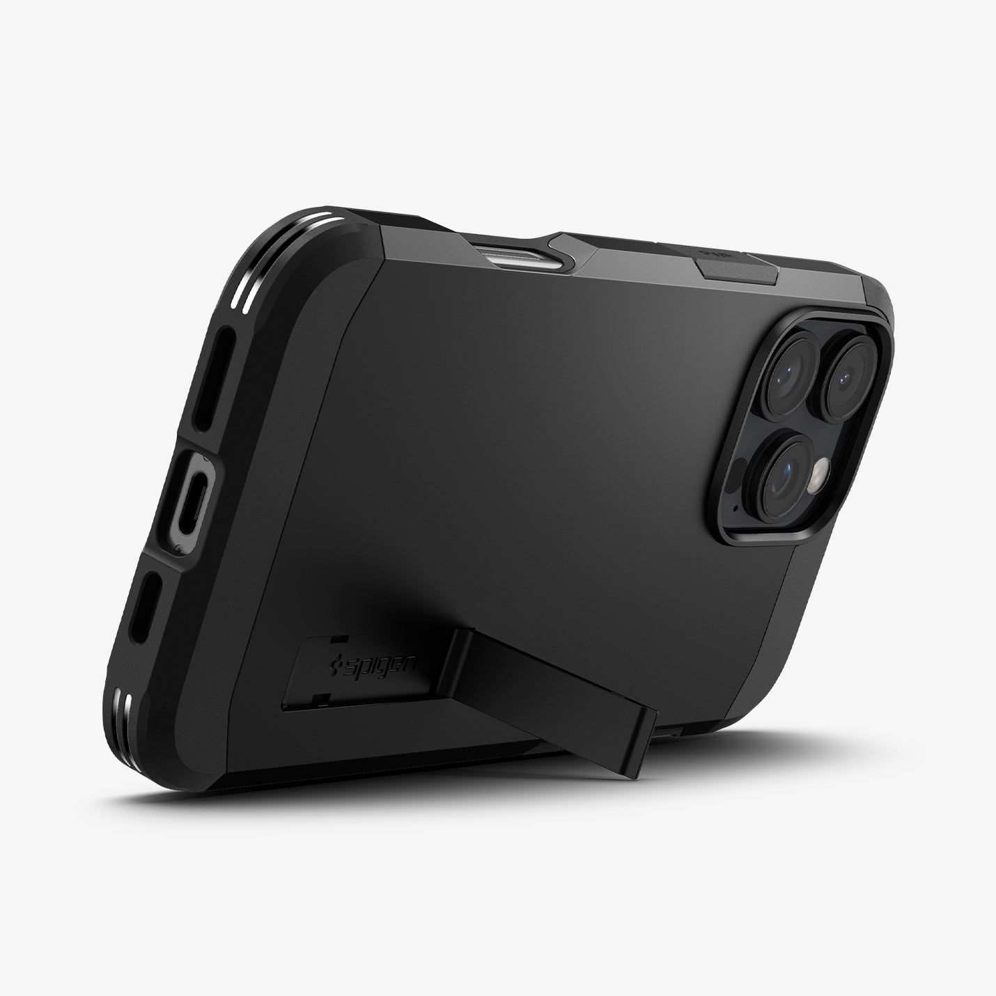 ACS08146 - iPhone 16 Pro Case Tough Armor AI (MagFit) in Black showing the back, partial side and bottom with built-in kickstand propped up