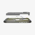 ACS08502 - iPhone 16 Pro Max Case Tough Armor AI (MagFit) in Frost Black showing the partial back layer detached hovering above the metal ring plate and back of the case