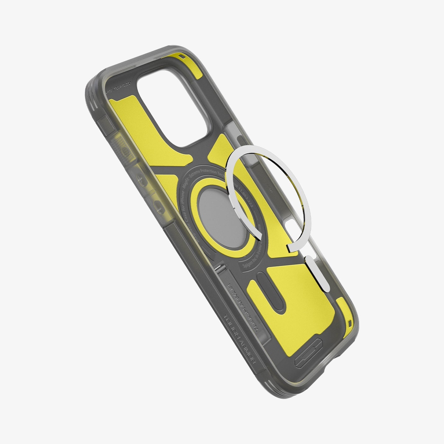 ACS08502 - iPhone 16 Pro Max Case Tough Armor AI (MagFit) in Frost Black showing the metal ring plate hovering, detached from the case 