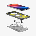 ACS08509 - iPhone 16 Pro Case Tough Armor AI (MagFit) in Frost Black showing the front of the device hovering above the back case, detached from magnet ring plate and the back layer of the case