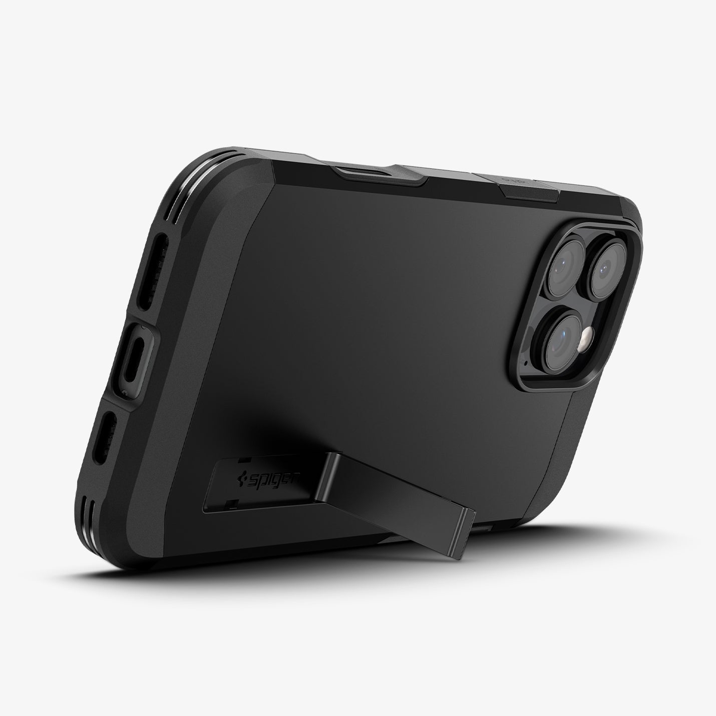 ACS08510 - iPhone 16 Pro Case Tough Armor T AI (MagFit) in Black showing the back and bottom with device propped up