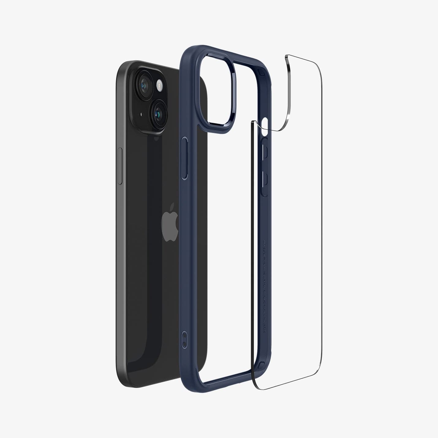 ACS06801 - iPhone 15 Case Ultra Hybrid in navy blue showing the back with multiple layers of case hovering away from device