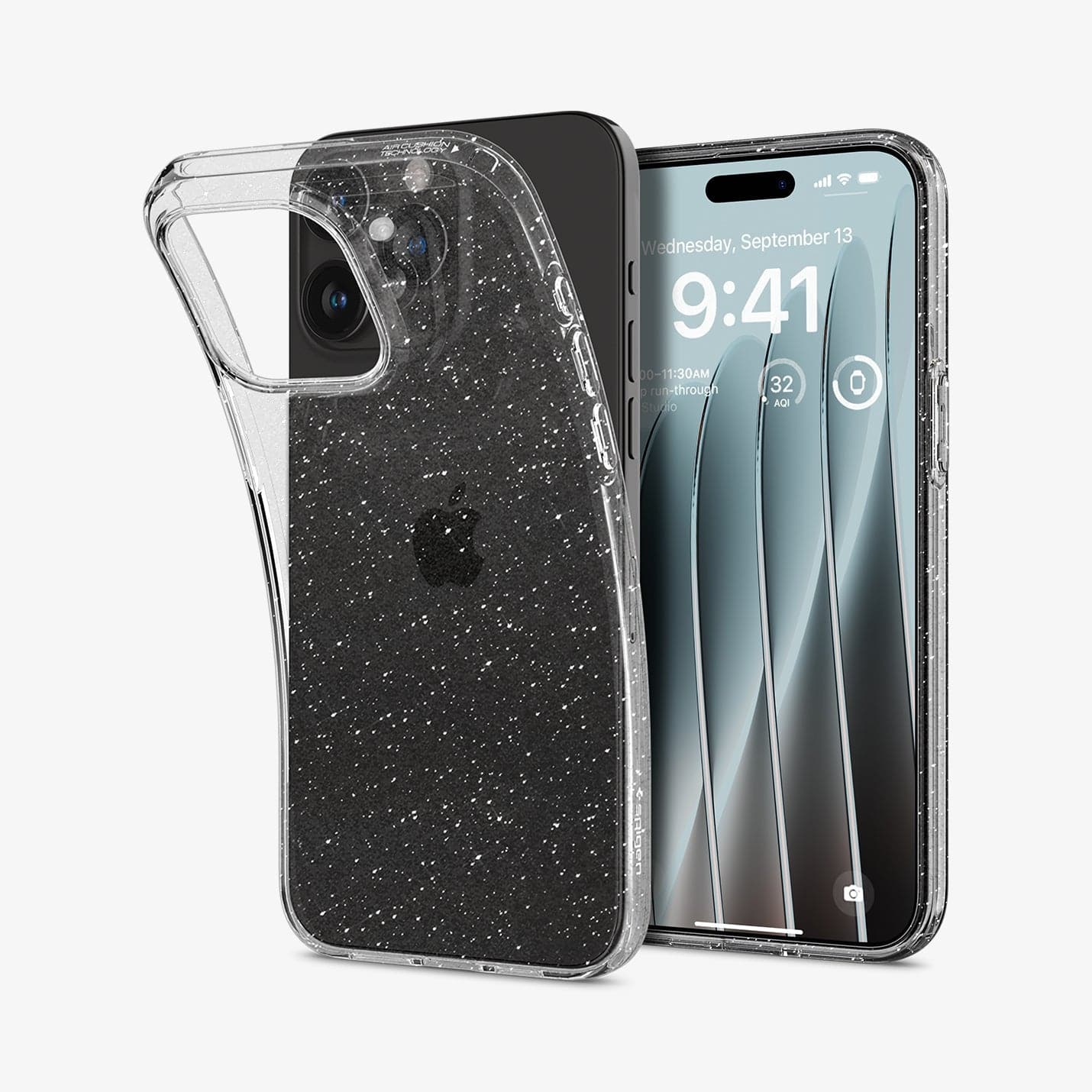 ACS06701 - iPhone 15 Pro Case Liquid Crystal Glitter in crystal quartz showing the back and front