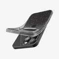ACS06701 - iPhone 15 Pro Case Liquid Crystal Glitter in crystal quartz showing the back with case bending away from device to show the flexibility