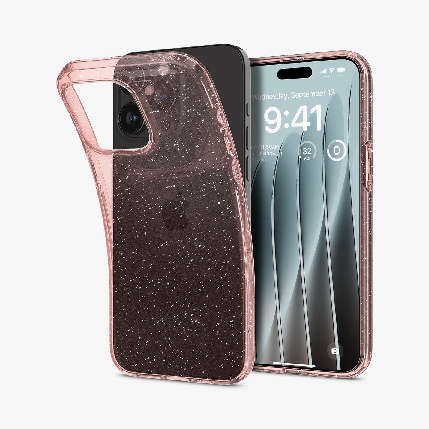 ACS06702 - iPhone 15 Pro Case Liquid Crystal Glitter in rose quartz showing the back and front