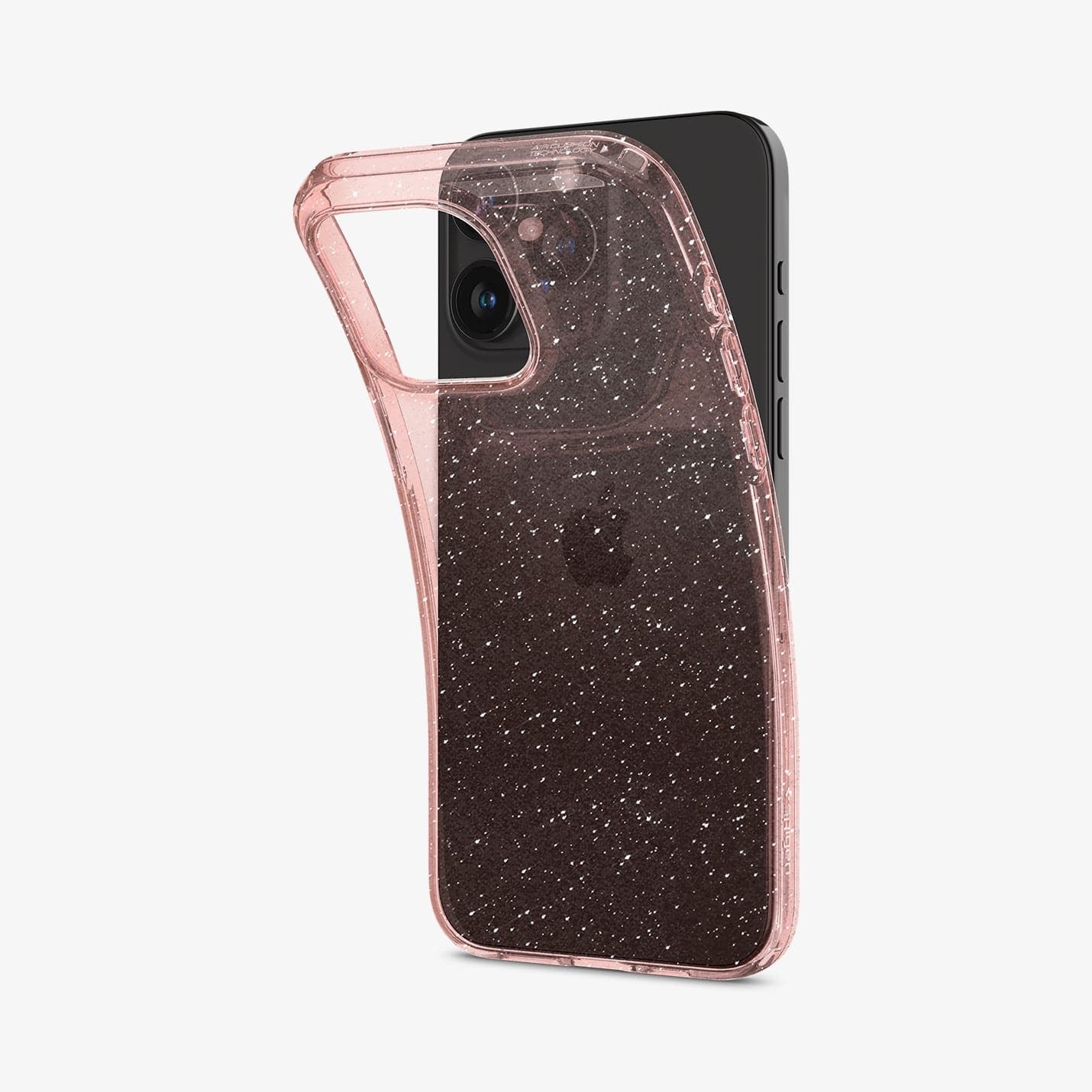ACS06702 - iPhone 15 Pro Case Liquid Crystal Glitter in rose quartz showing the back with case bending away from device to show the flexibility