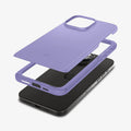 ACS06692 - iPhone 15 Pro Case Thin Fit in iris purple showing the multiple layers of case hovering above the device