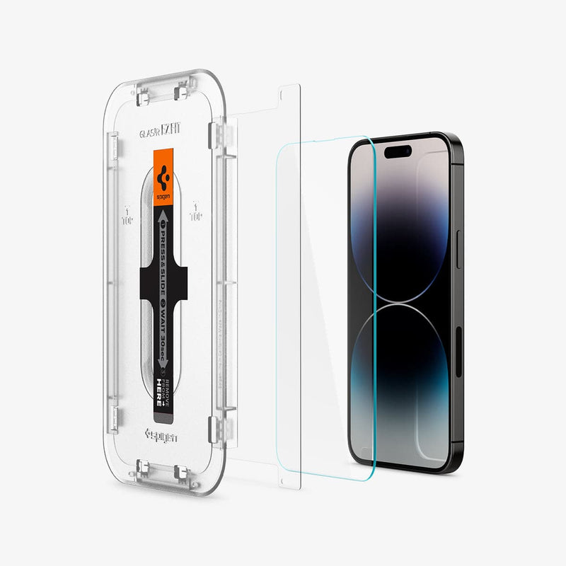 AGL05214 - iPhone 14 Pro Screen Protector EZ FIT GLAS.tR (Sensor Protection) showing the device, screen protector, film, and ez fit tray