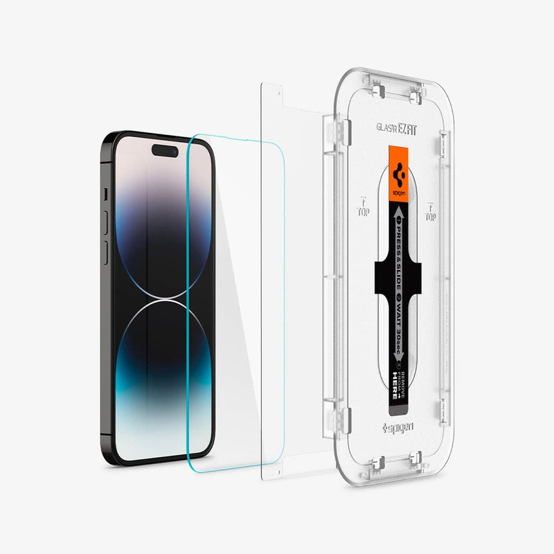 AGL05214 - iPhone 14 Pro Screen Protector EZ FIT GLAS.tR (Sensor Protection) showing the device, screen protector, film, and ez fit tray