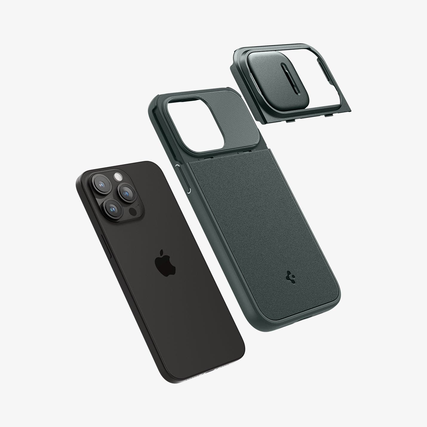 ACS06739 - iPhone 15 Pro Case Optik Armor (MagFit) in abyss green showing the back with multiple layers of case hovering away from device