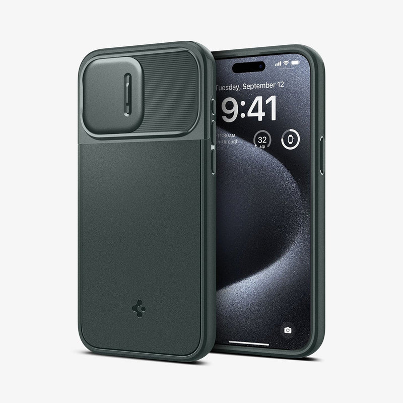 ACS06739 - iPhone 15 Pro Case Optik Armor (MagFit) in abyss green showing the back and front