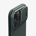 ACS06739 - iPhone 15 Pro Case Optik Armor (MagFit) in abyss green showing the back and side zoomed in on camera lens with slot open