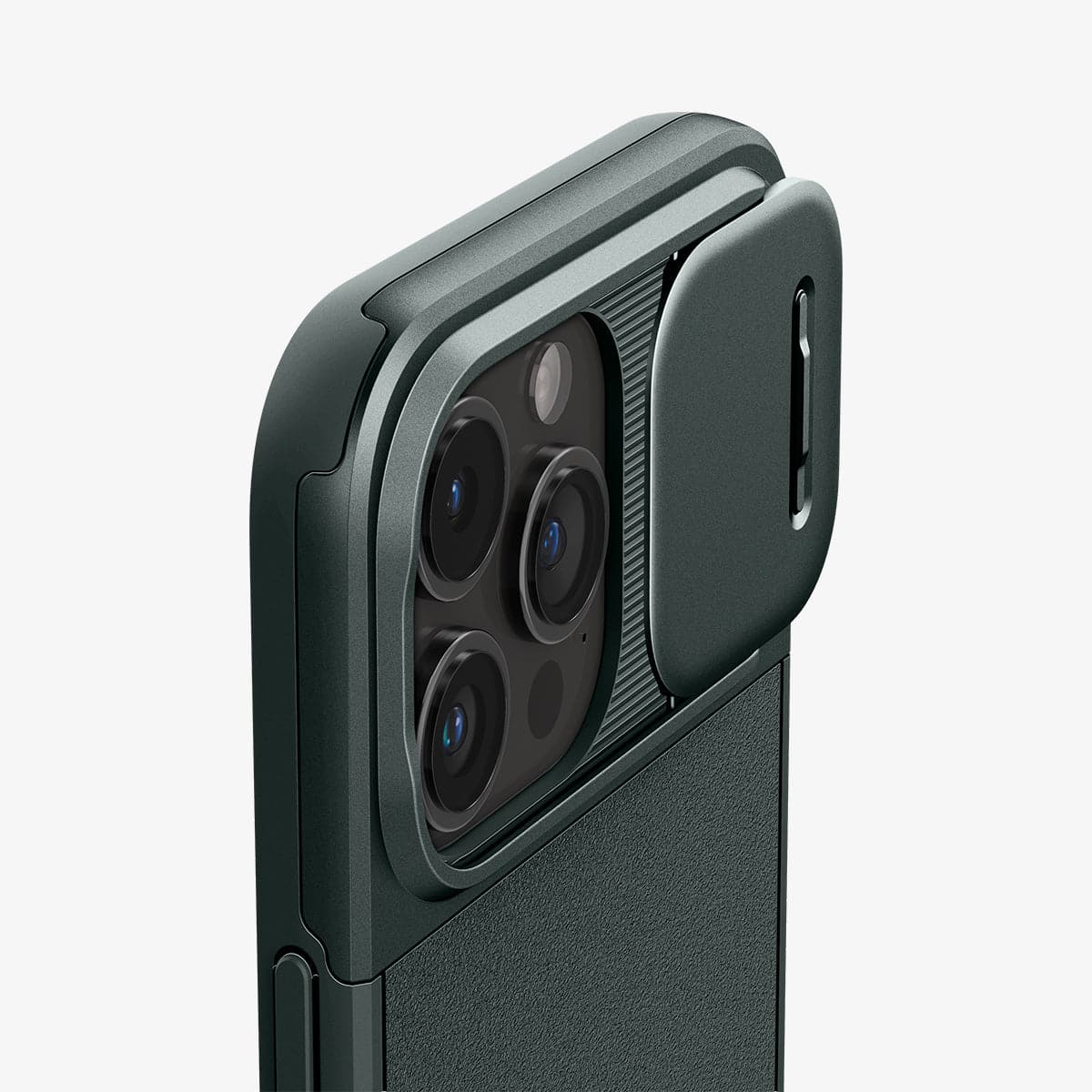 ACS06739 - iPhone 15 Pro Case Optik Armor (MagFit) in abyss green showing the back and side zoomed in on camera lens with slot open