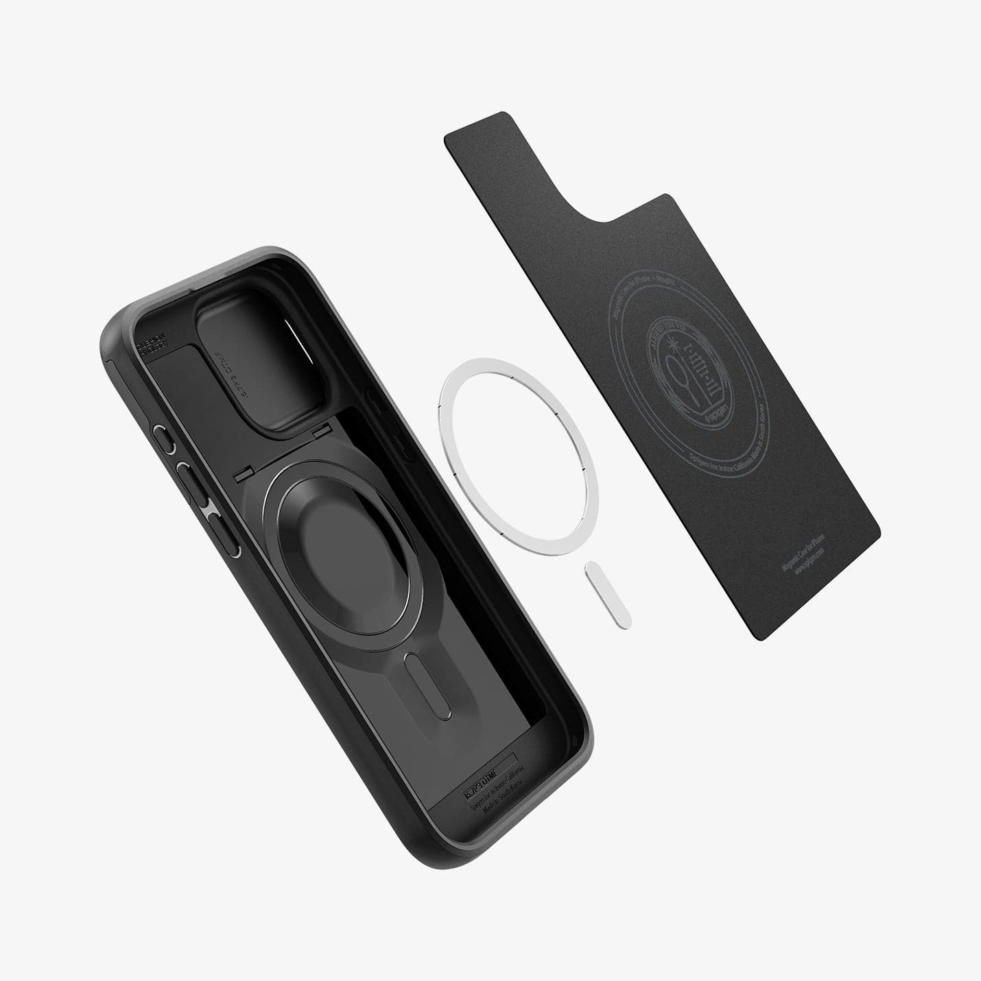 ACS06738 - iPhone 15 Pro Case Optik Armor (MagFit) in black showing the inside magnetic ring layers