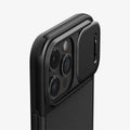 ACS06738 - iPhone 15 Pro Case Optik Armor (MagFit) in black showing the back and side zoomed in on camera lens with slot open