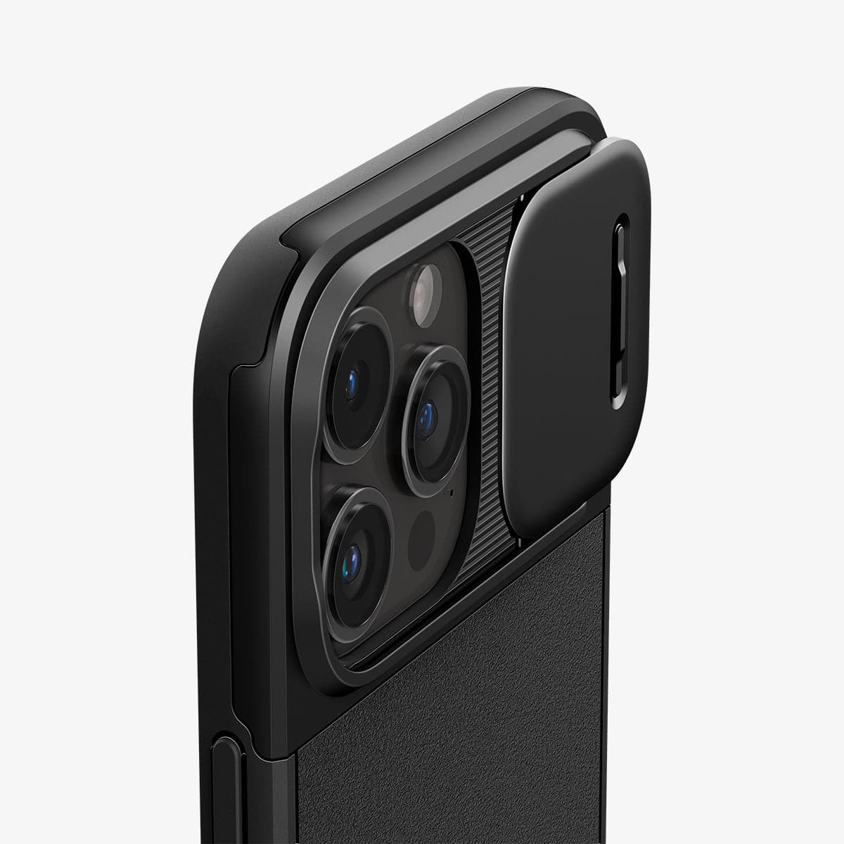 ACS06738 - iPhone 15 Pro Case Optik Armor (MagFit) in black showing the back and side zoomed in on camera lens with slot open