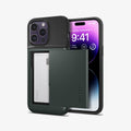 ACS04983 - iPhone 14 Pro Case Slim Armor CS in abyss green showing the back and front with card in slot
