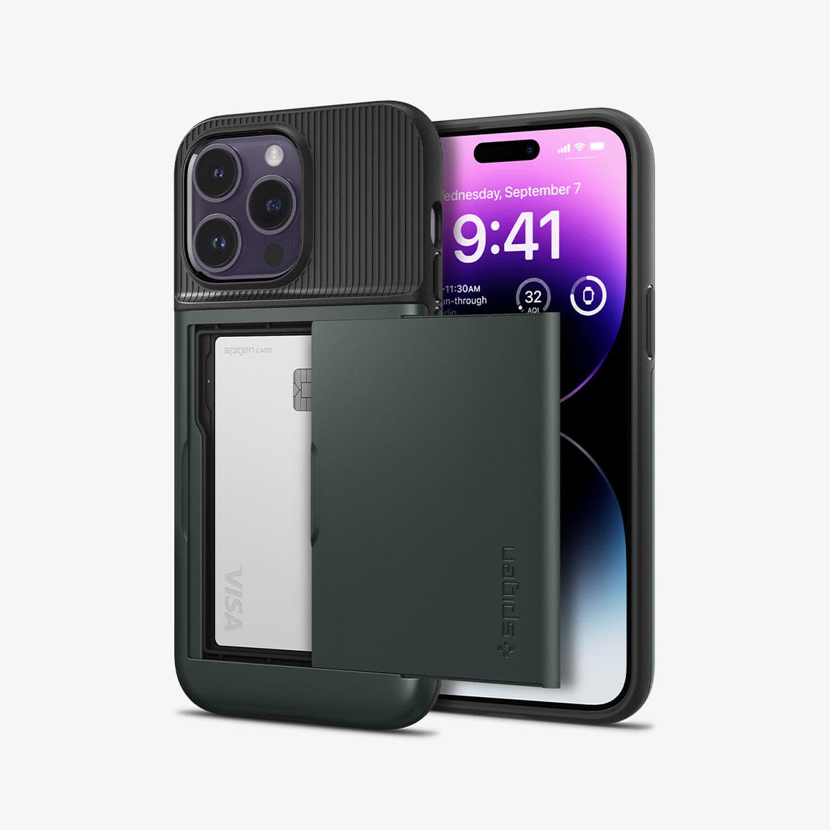 ACS04983 - iPhone 14 Pro Case Slim Armor CS in abyss green showing the back and front with card in slot
