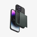 ACS04983 - iPhone 14 Pro Case Slim Armor CS in abyss green showing the back, bottom, sides and front with card slot open