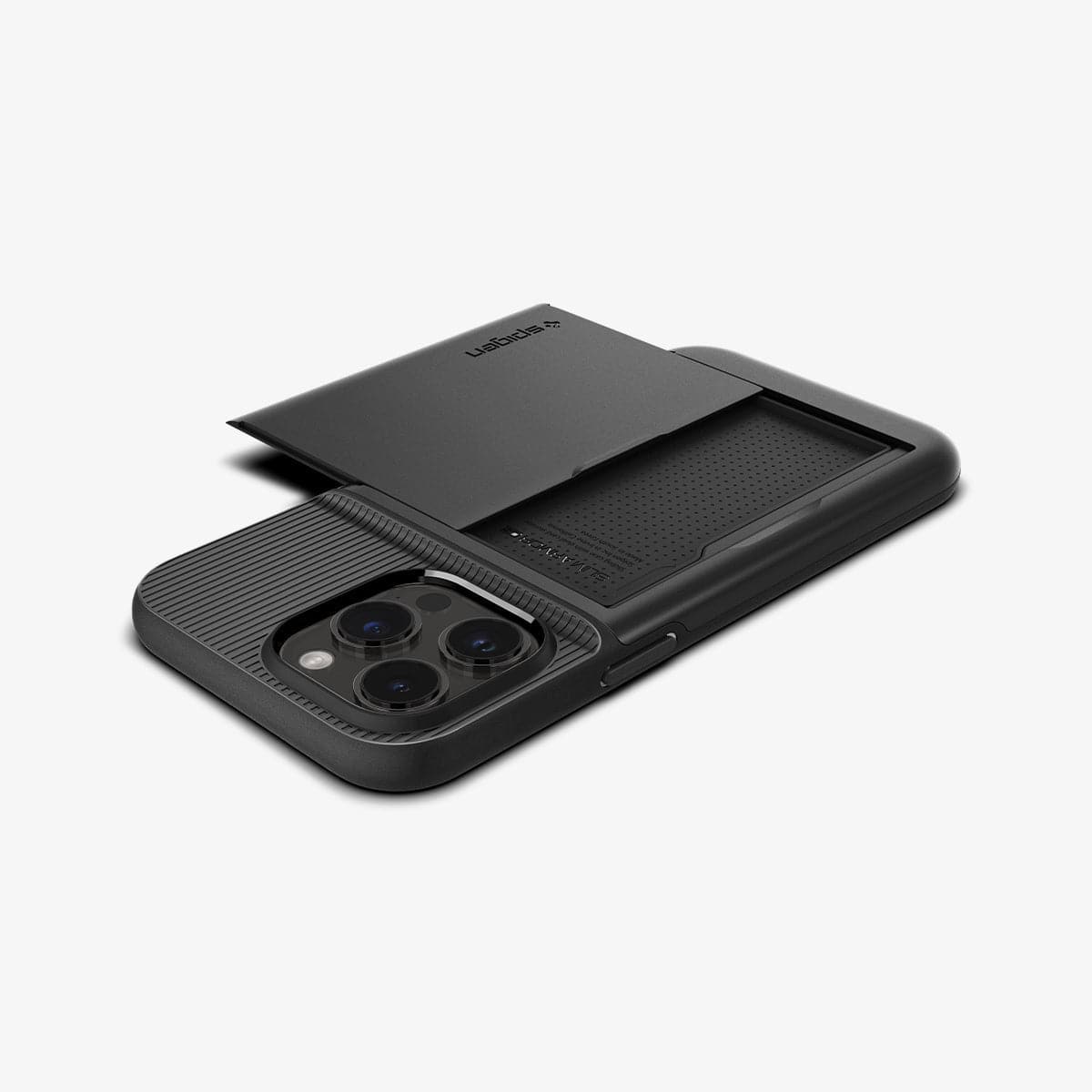 ACS04980 - iPhone 14 Pro Case Slim Armor CS in black showing the back and side with card slot open and device laying flat