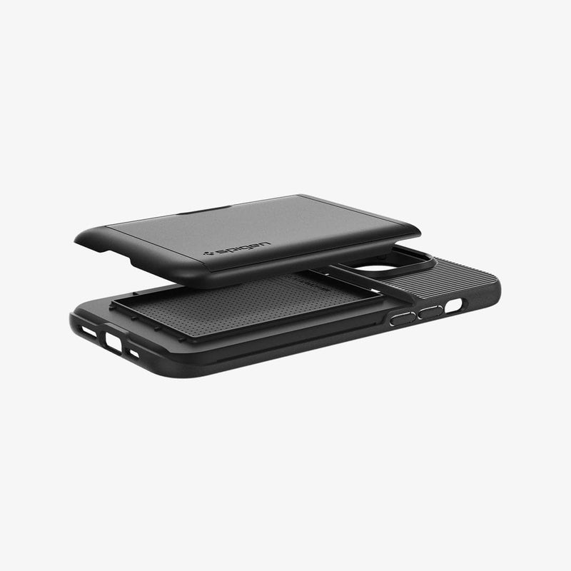 ACS04980 - iPhone 14 Pro Case Slim Armor CS in black showing the back and side with card slot slightly hovering above back of case