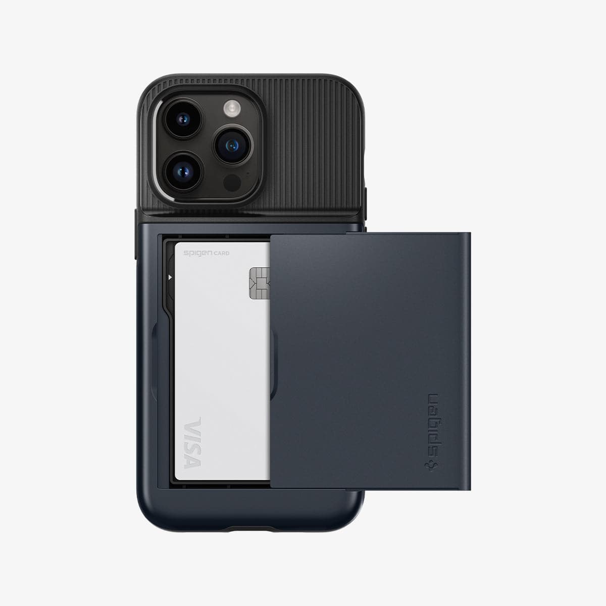 ACS04982 - iPhone 14 Pro Case Slim Armor CS in metal slate showing the back with card slot open and card in slot