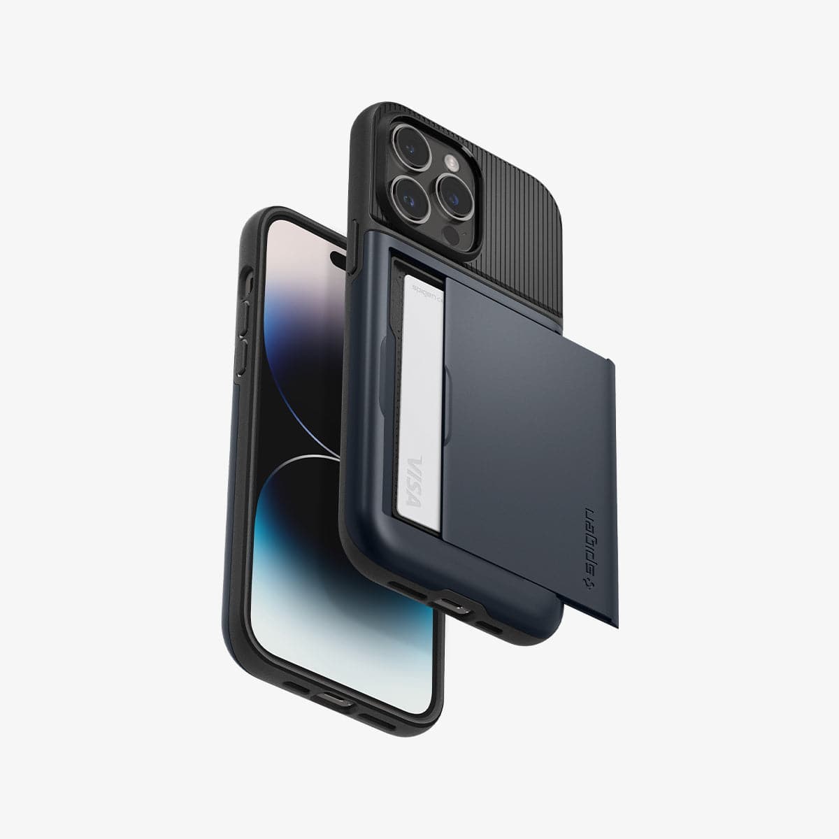 ACS04982 - iPhone 14 Pro Case Slim Armor CS in metal slate showing the back, bottom, sides and front with card in slot
