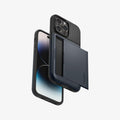 ACS04982 - iPhone 14 Pro Case Slim Armor CS in metal slate showing the back, bottom, sides and front with card slot open