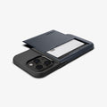 ACS04982 - iPhone 14 Pro Case Slim Armor CS in metal slate showing the back and side with card in slot and device laying flat