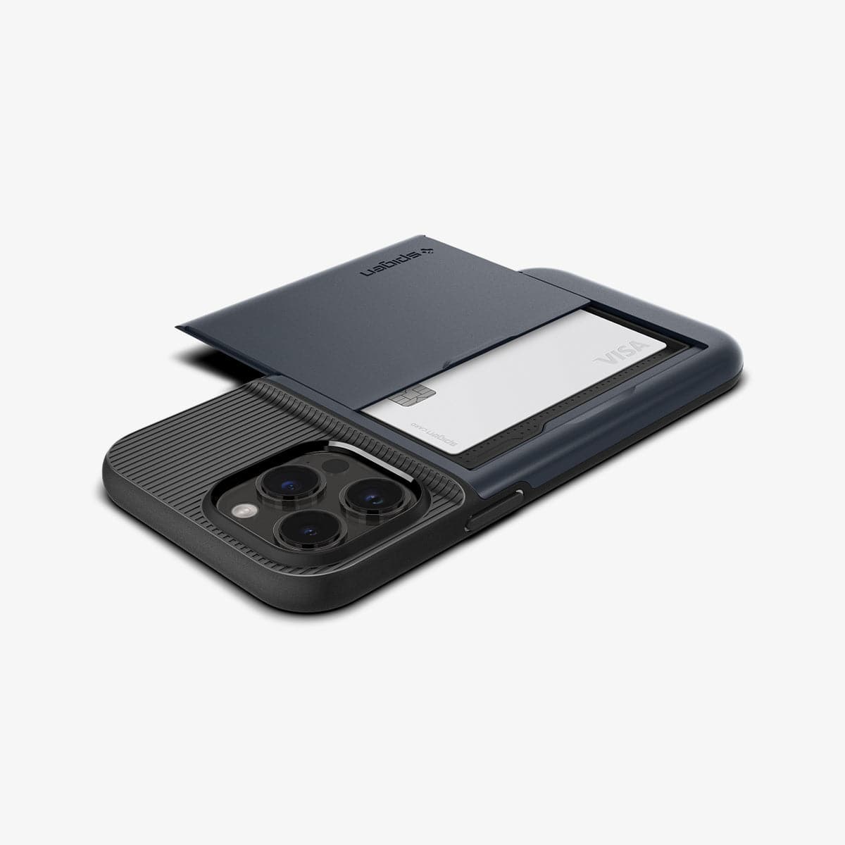 ACS04982 - iPhone 14 Pro Case Slim Armor CS in metal slate showing the back and side with card in slot and device laying flat
