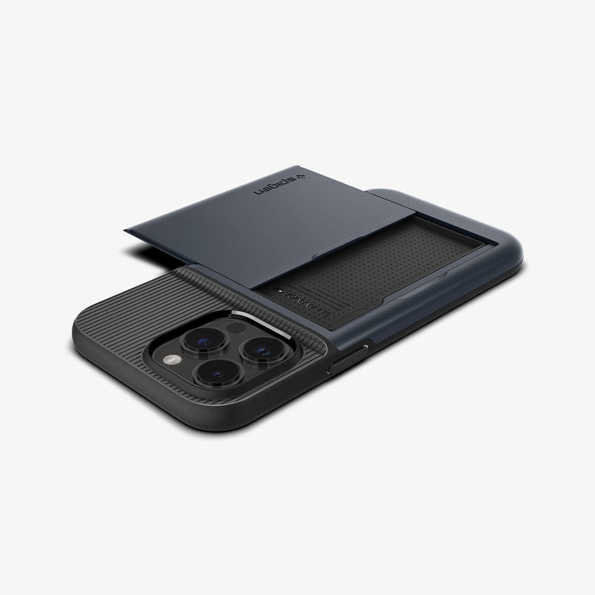 ACS04982 - iPhone 14 Pro Case Slim Armor CS in metal slate showing the back and side with card slot open and device laying flat