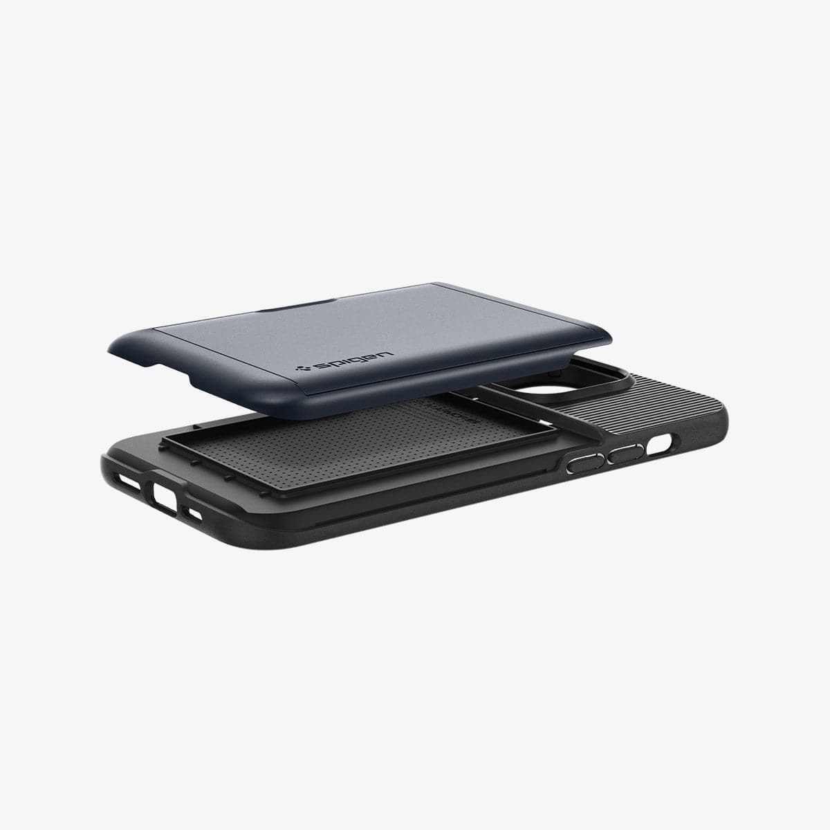 ACS04982 - iPhone 14 Pro Case Slim Armor CS in metal slate showing the back and side with card slot slightly hovering above back of case
